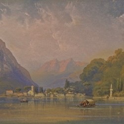 Landscape with figures in several boats along a lake